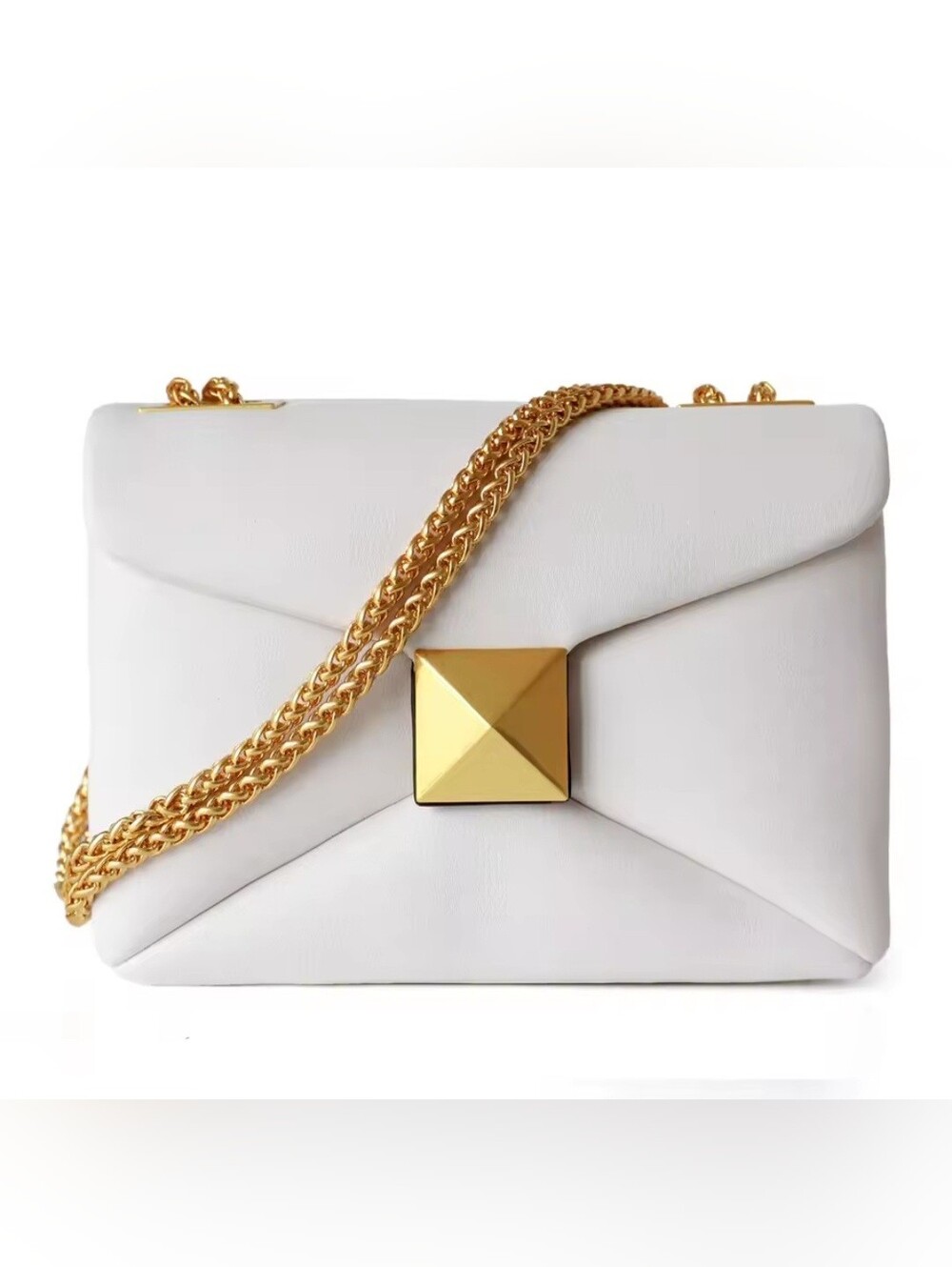 Off White Genuine Leather Shoulder Bag with Gold Chain
